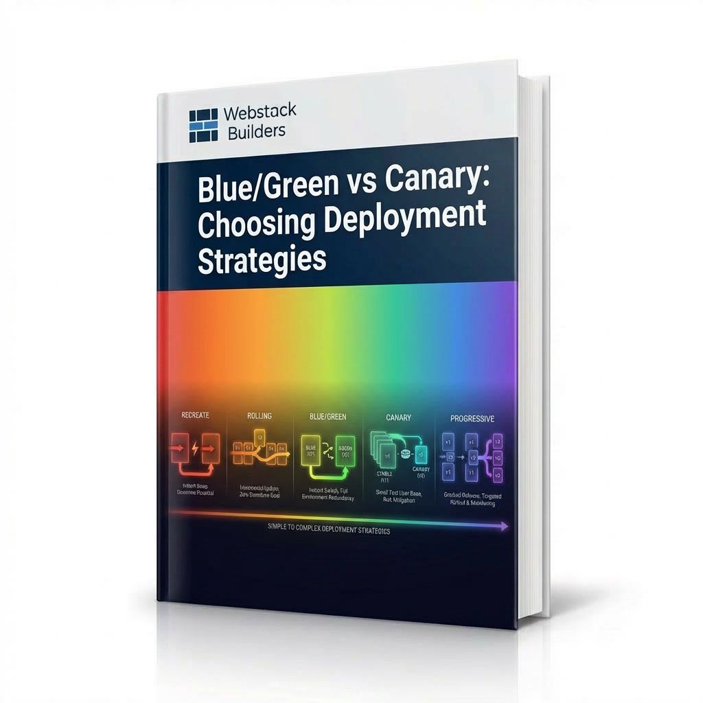 Deployment strategy spectrum showing progression from simple to complex: Recreate, Rolling, Blue/Green, Canary, and Progressive deployment patterns