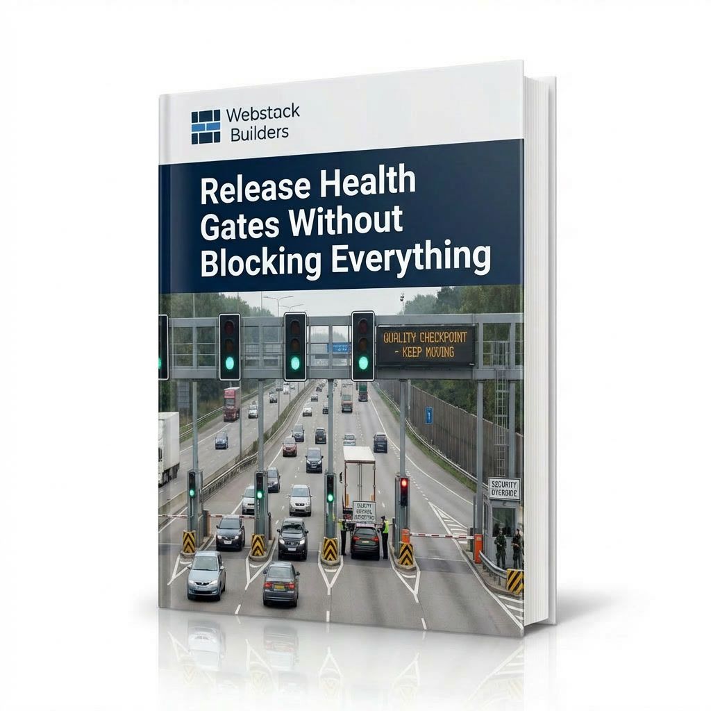 Highway with quality checkpoint traffic lights showing green passing gates, red failing gate stopping one lane, and secure override lane