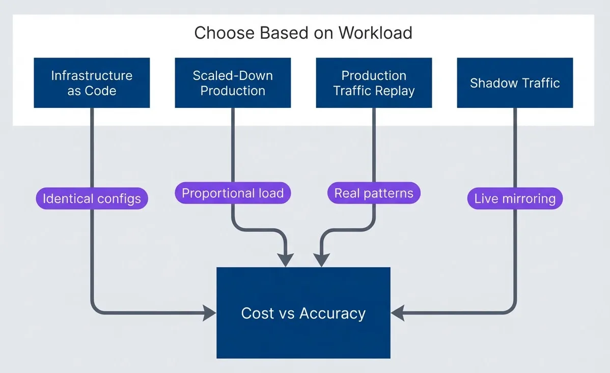 Environment parity strategies ordered by increasing realism and cost.