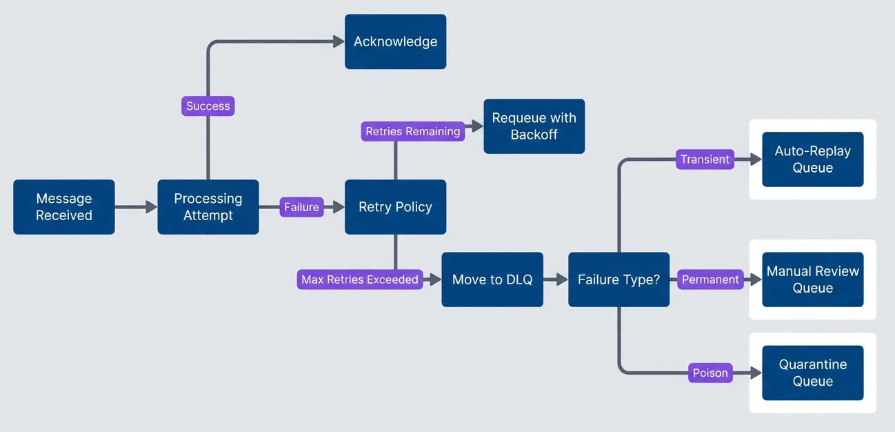 Message processing flow with DLQ routing by failure type.