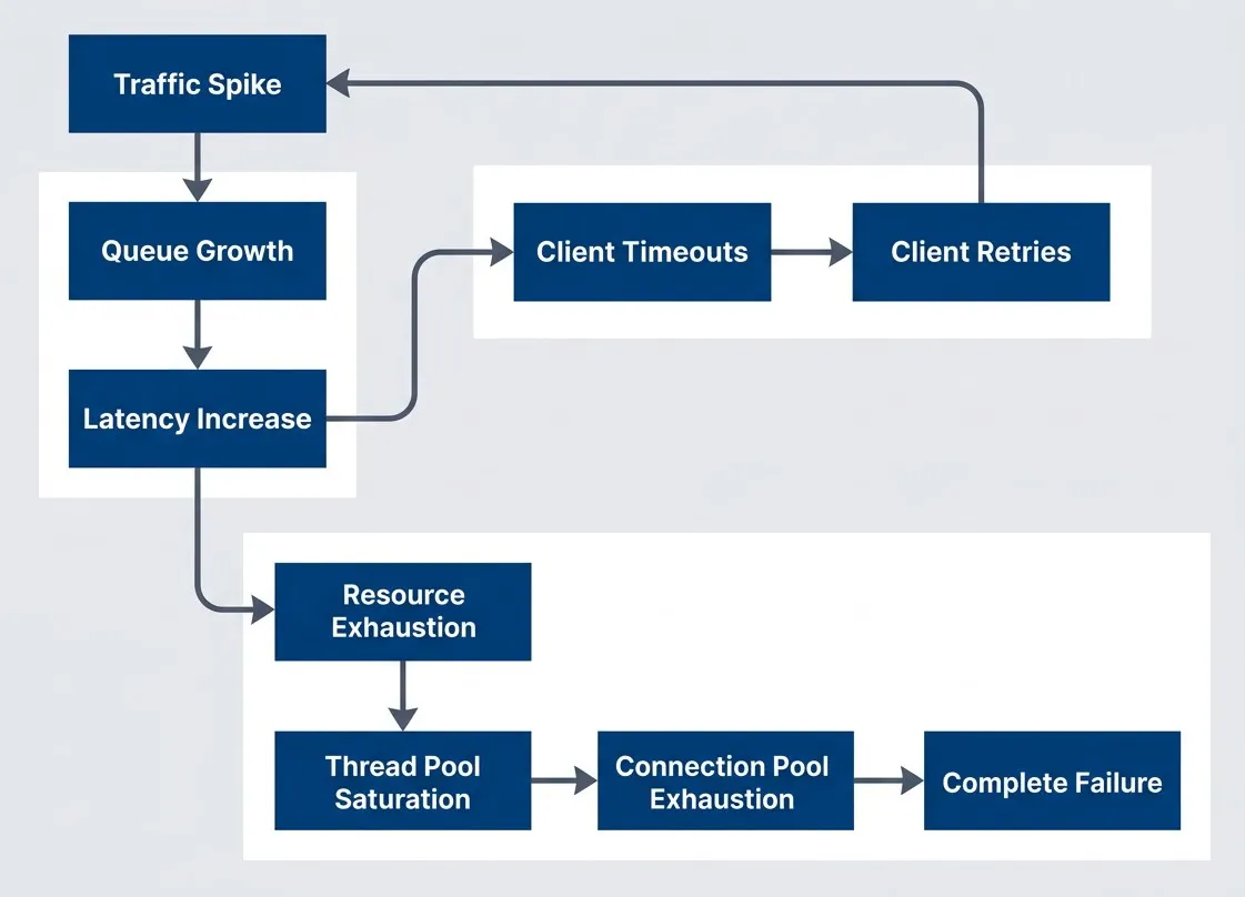 The cascading failure loop where overload compounds itself through retries and resource exhaustion