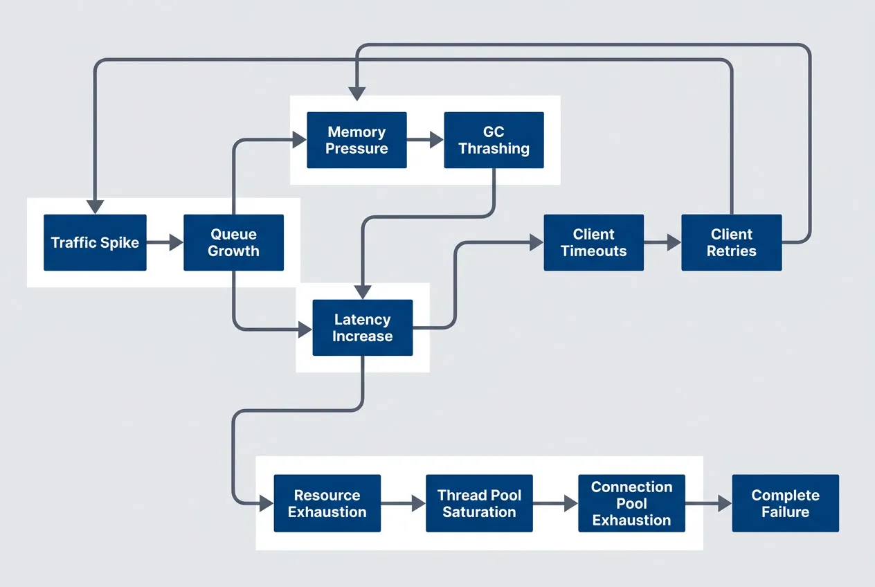 The cascading failure loop where overload compounds itself through retries and resource exhaustion