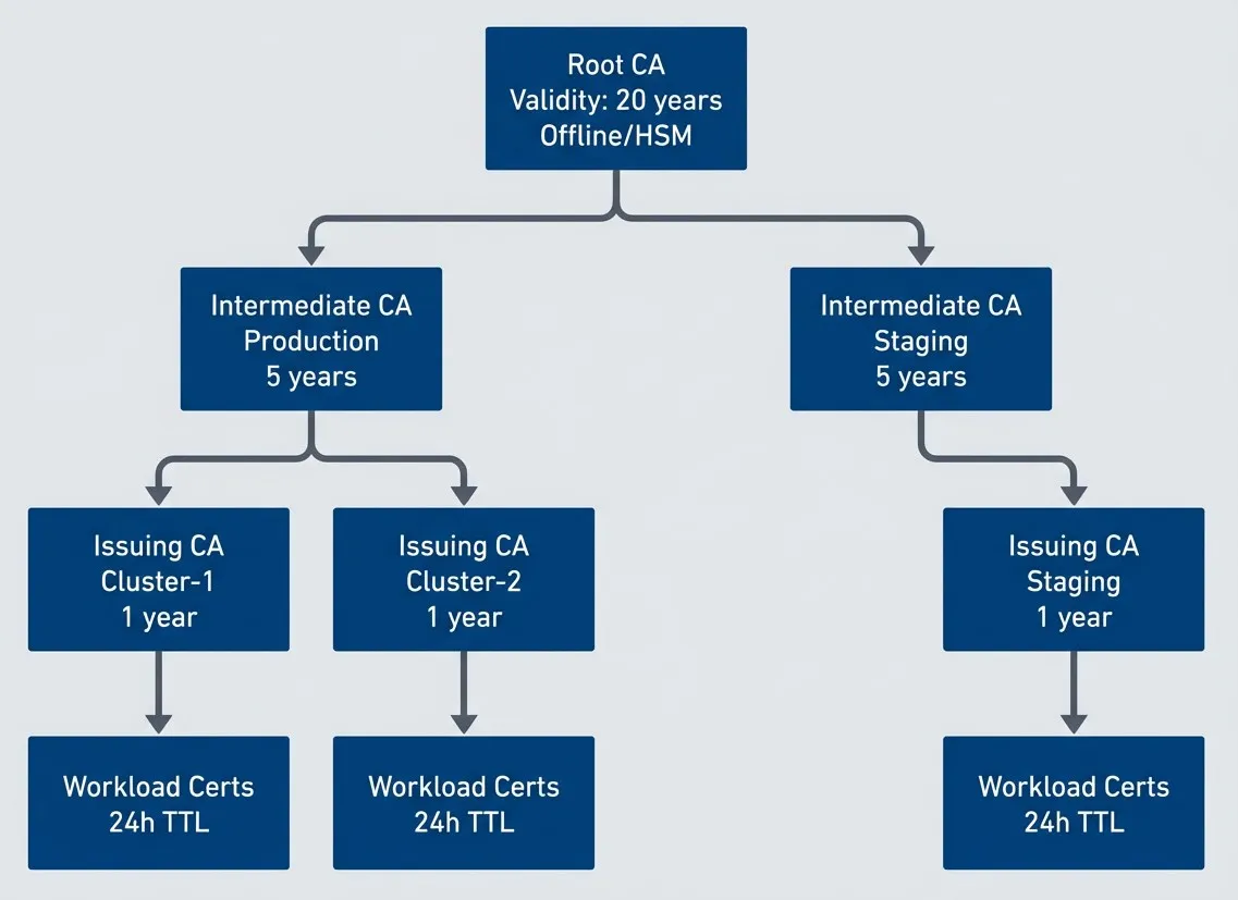 Three-tier certificate authority hierarchy for mTLS.